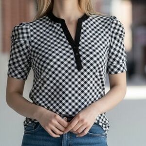 Black & White Gingham Henley Short-Sleeve Top 4060